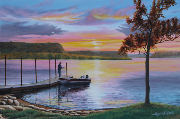 Painting of a man on a dock fishing with the sun setting in the distance over a lake.