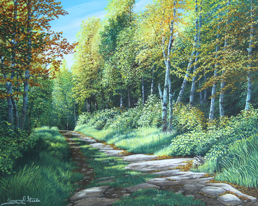 Painting of a forest path on an early fall day. Most of the shrubbery and trees are green, but they are strating to change color.