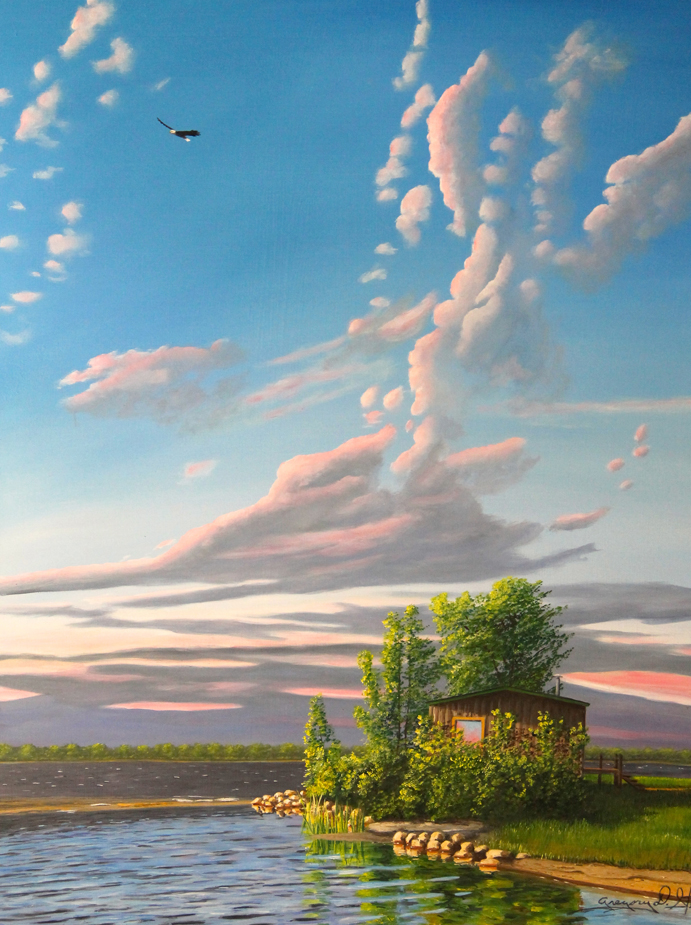 Painting of a wooden house on stilts on the banks of a river in the afternoon sky. The trees reflect offof the river and emphasis is on the openness of the sky.