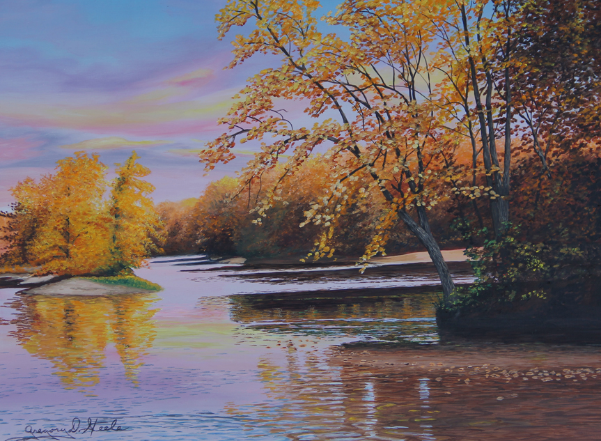 Painting of a fall scene with yellow trees reflecting off of the banks of a river